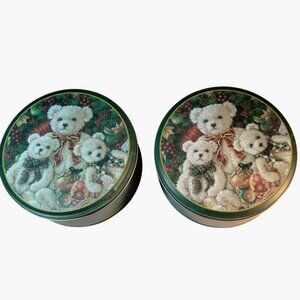 Christmas Cookie Tins White Teddy Bear Family Brother Sister Design Studio